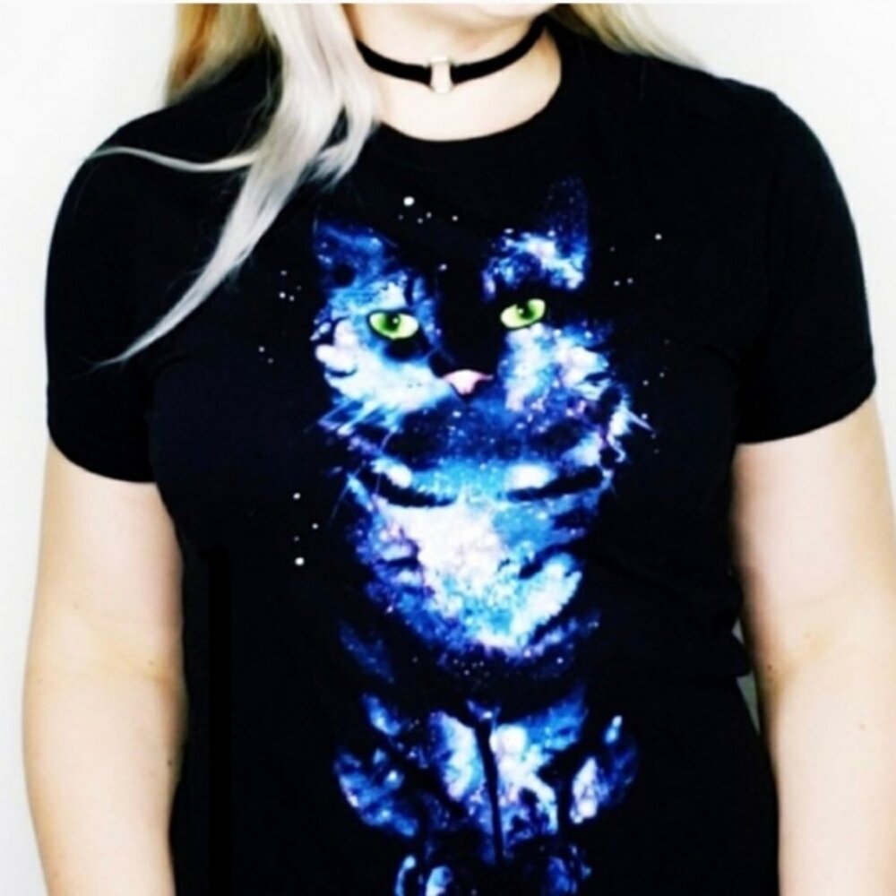 New galaxy astro space cat vintage style relaxed fit cotton short sleeve t-shirt
